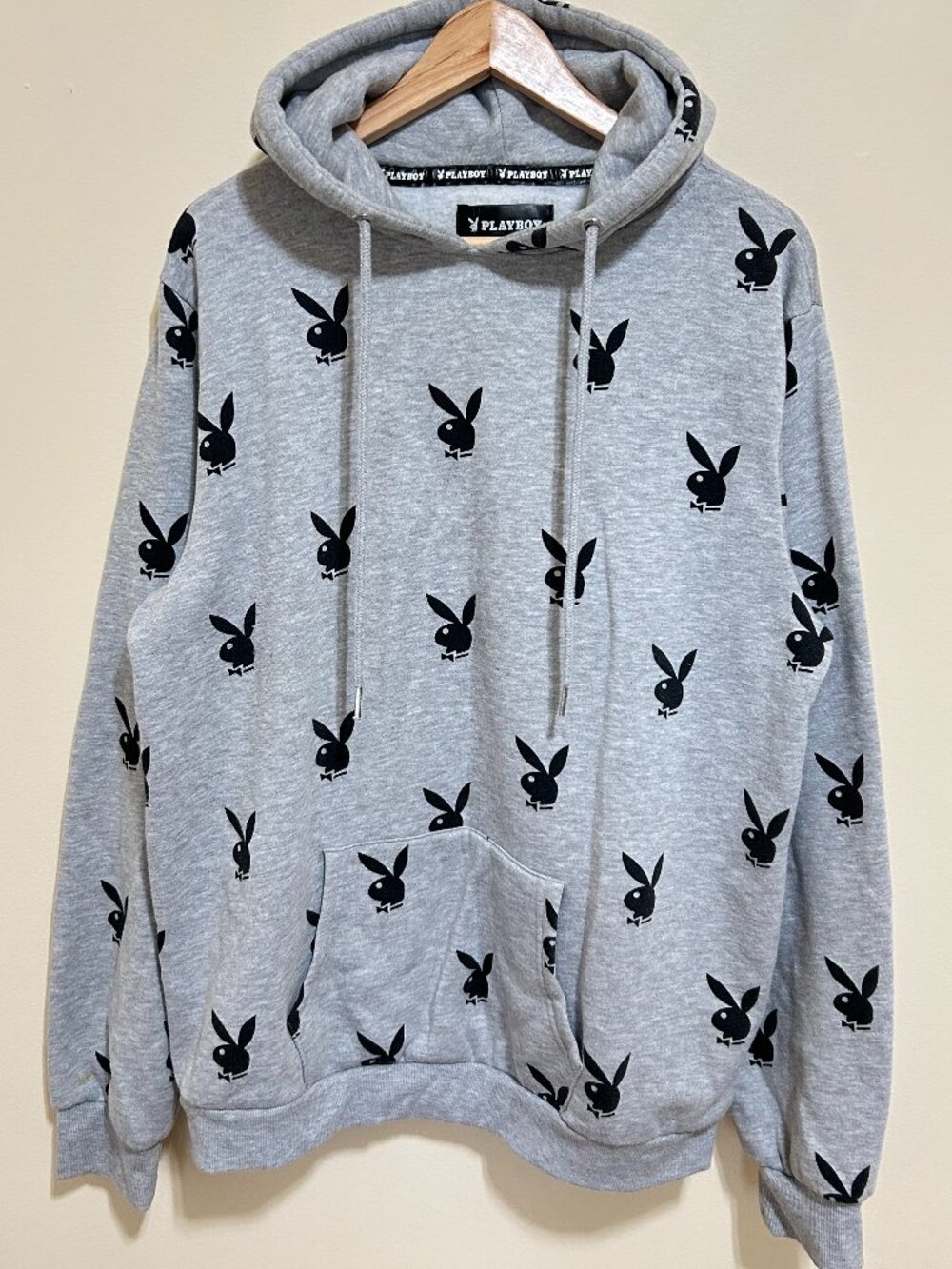 Playboy Pull Over Hoodie With Repeat Bunnie Print Gray Men’s size M